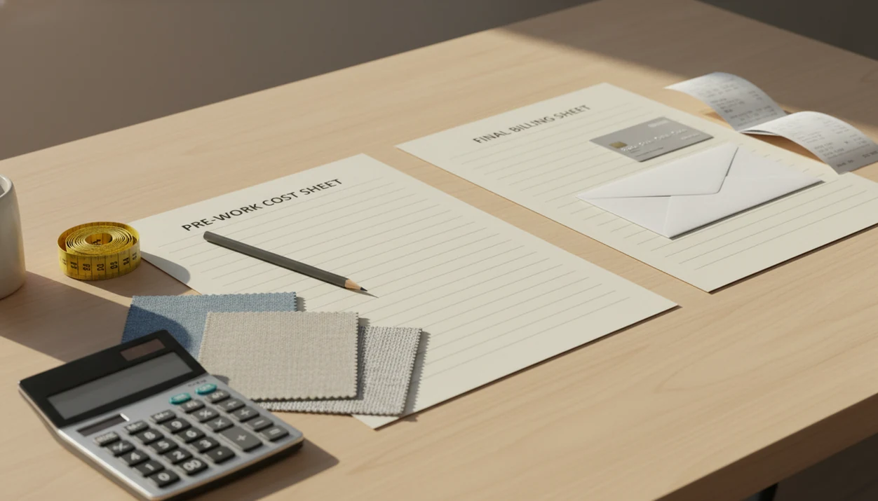 A desk still life contrasts estimate planning tools with invoice payment materials side by side.