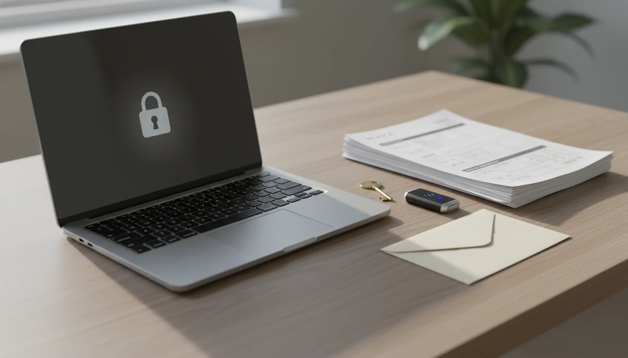 A secure invoicing workspace with a laptop, generic invoice papers, a key, and a security token.