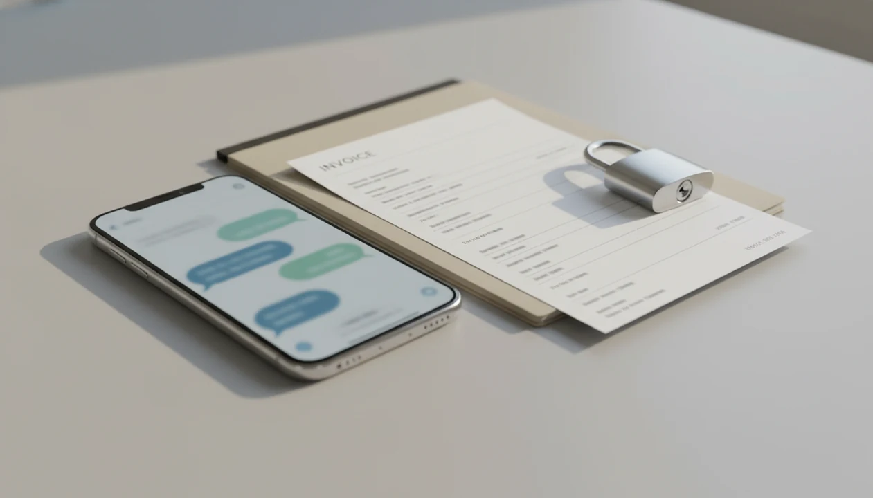 A phone, blurred invoice, padlock, and folder suggest safer recordkeeping beyond chat messages.