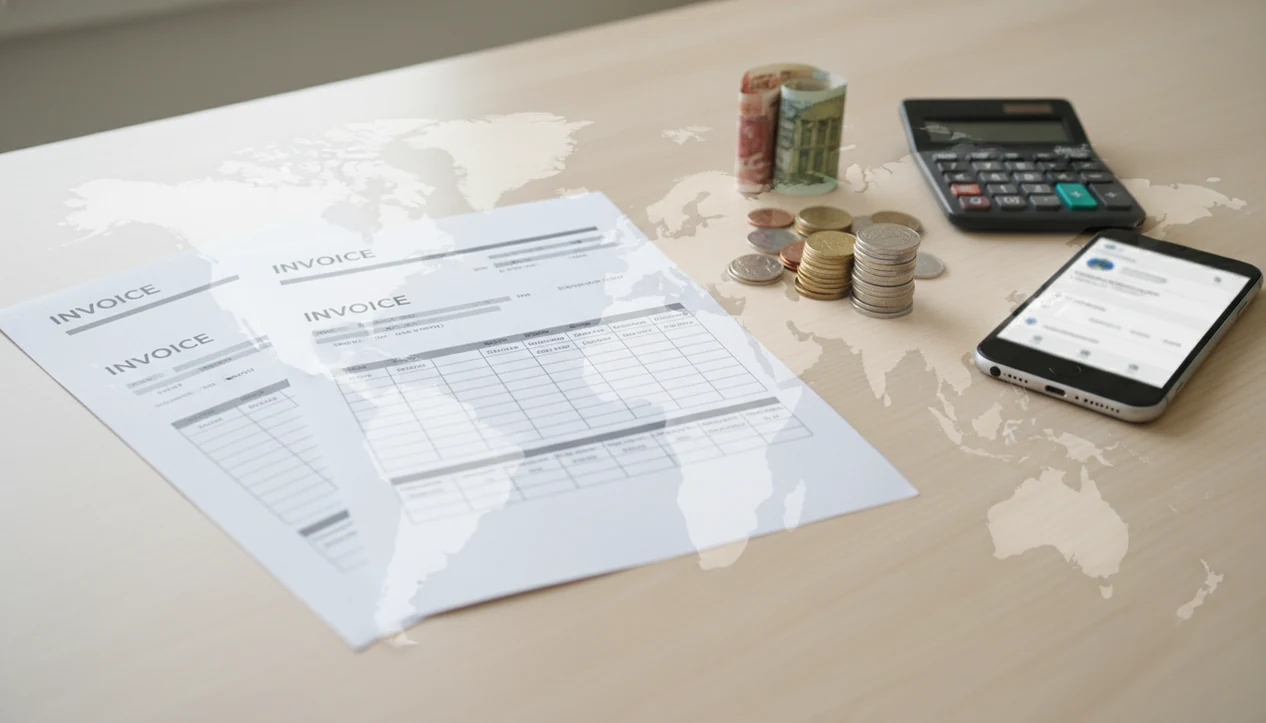 A desk setup with blank invoices, mixed currencies, a calculator, and a phone for international billing.