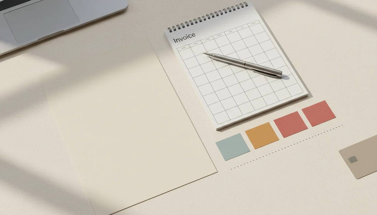 A blank invoice, calendar, and reminder cards arranged as a polite overdue payment timeline.