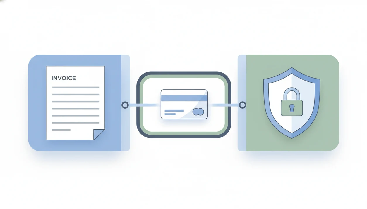 A clean illustration shows invoice records separated from card data by a secure payment path and shield.