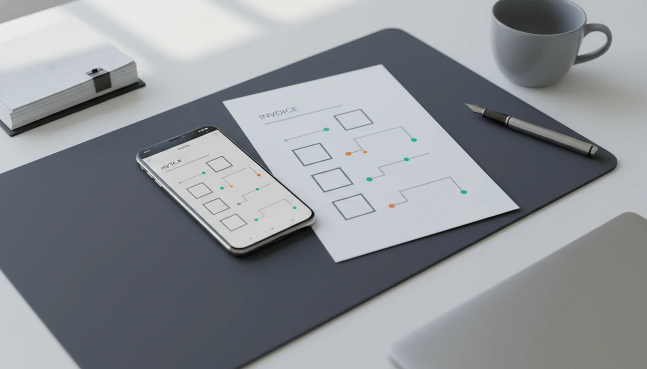 A phone and printed invoice on a tidy desk suggest PDF invoicing, records, and payment tracking.