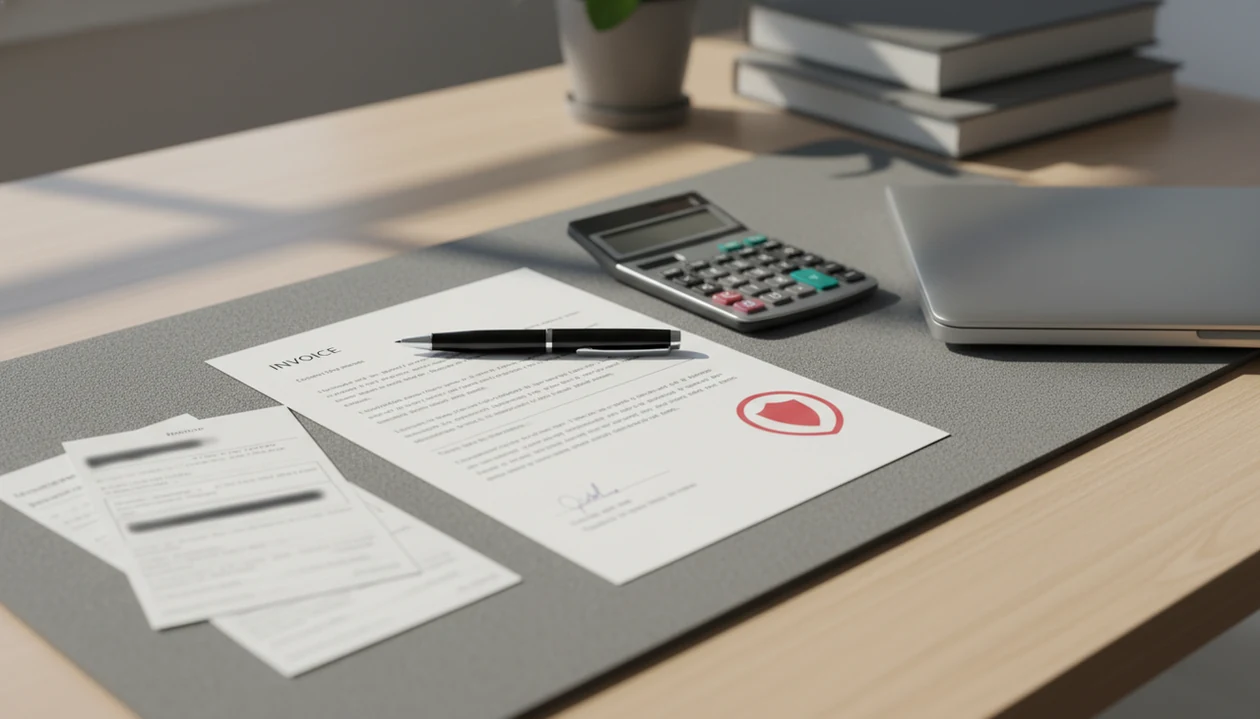 A desk shows a blurred invoice, calculator, laptop, and security shield symbol for fraud prevention.