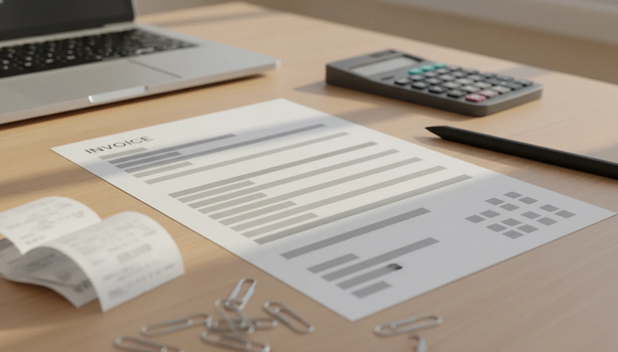 A clean service invoice form sits on a desk with a calculator, pen, laptop, and organized paperwork.