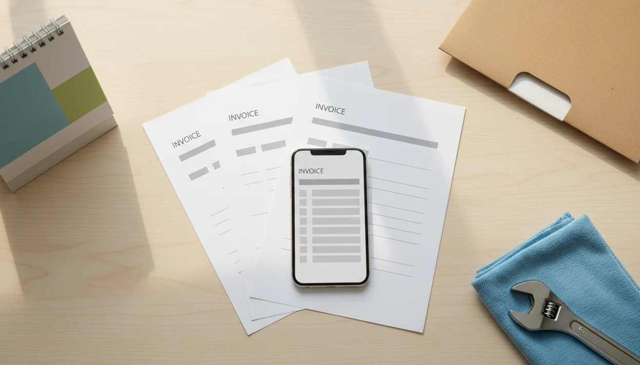 A phone and repeated blank invoice sheets arranged on a desk for scheduled client billing.