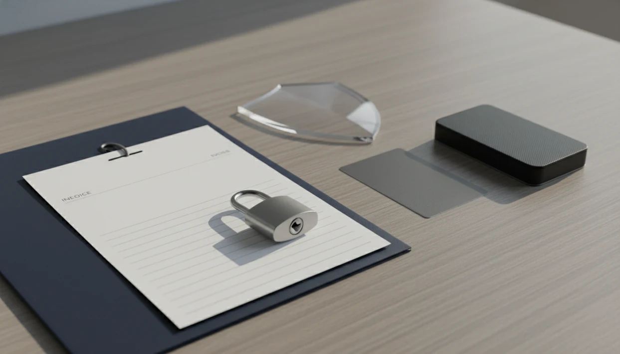 A locked folder, blank invoice papers, payment card, and backup drive suggest secure billing records.