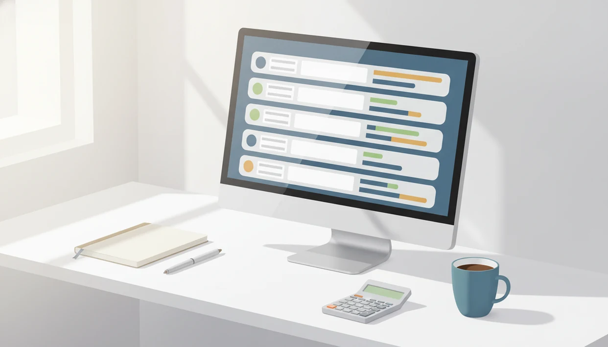 A tidy desk shows an abstract invoice dashboard with status cards for reviewing unpaid client invoices.