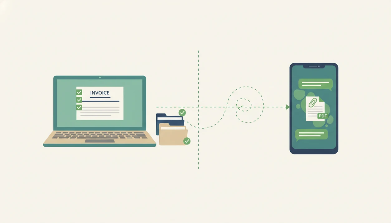 A clean illustration shows an invoice moving from a recordkeeping app to a messaging chat.