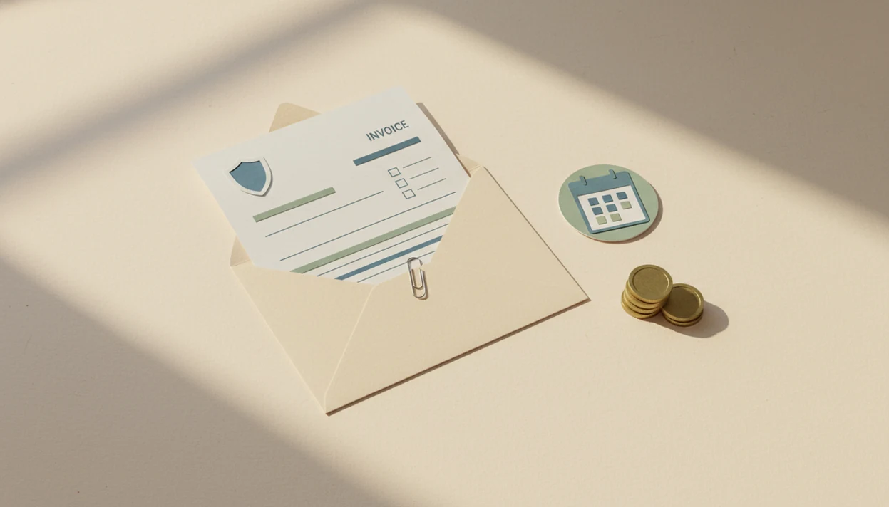 A paper invoice, envelope, calendar, coins, and shield arranged as a secure email invoicing workflow.