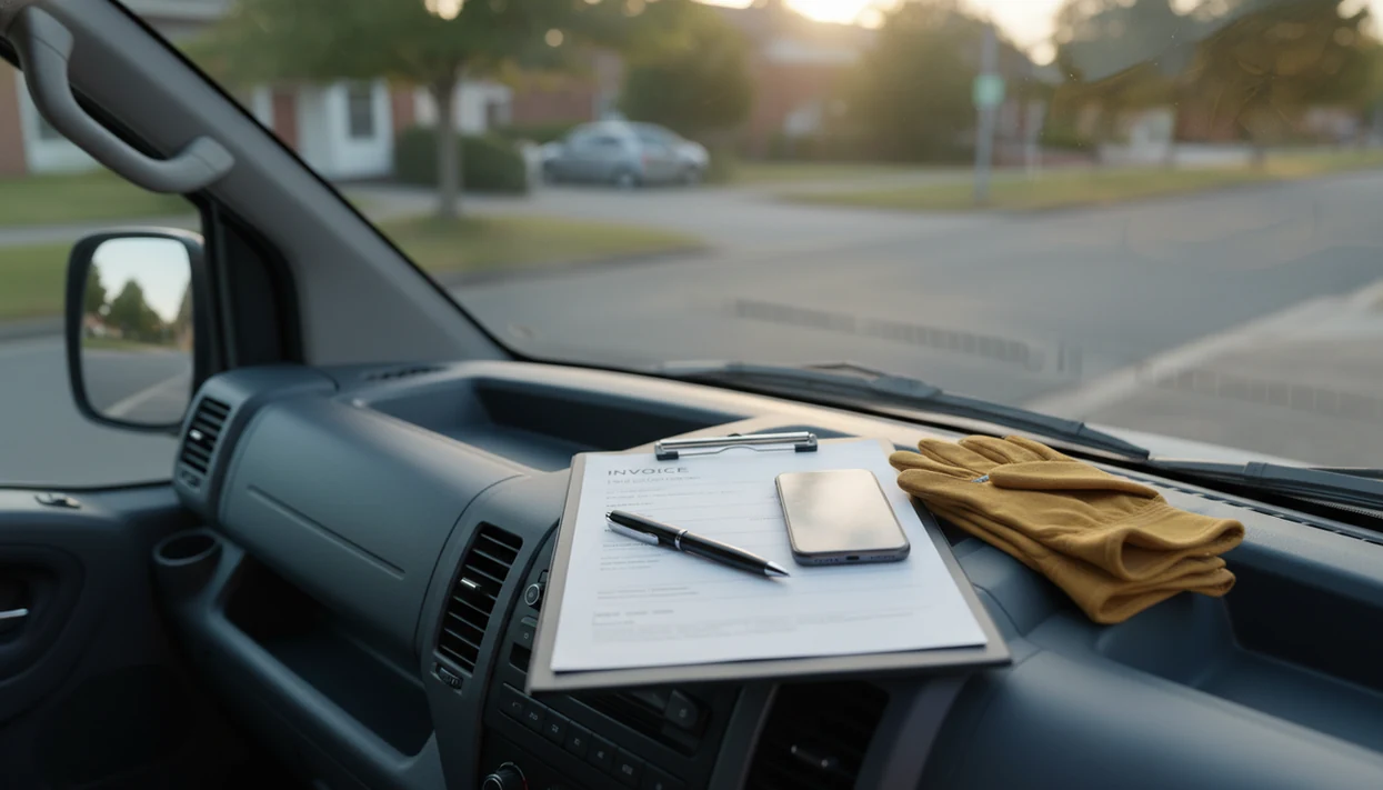 A phone, blank invoice sheet, pen, and work gloves sit ready in a small business van.