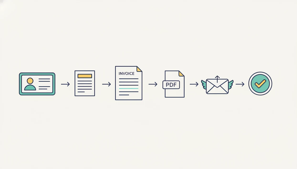 A simple visual workflow shows client details becoming an invoice, PDF, reminder, and payment status.