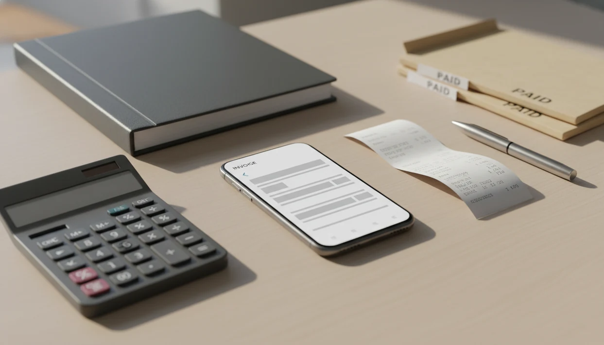 A clean desk contrasts simple invoice paperwork with a bulky accounting binder in the background.