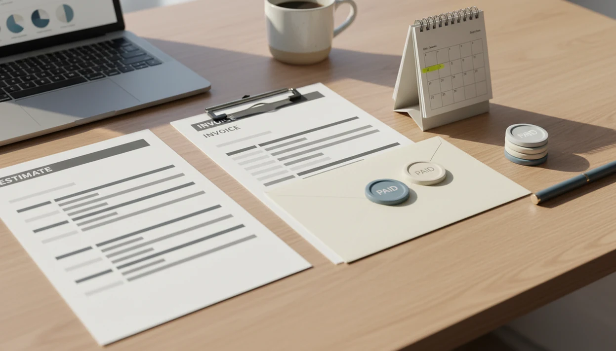 A tidy desk shows invoices, estimates, reminders, and status markers arranged as a billing workflow.