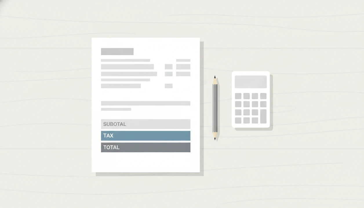 A simplified invoice illustration shows a highlighted tax row between subtotal and total lines.