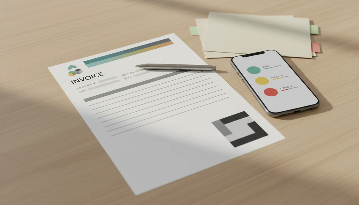 A branded invoice printout, phone, pen, and status tabs arranged on a clean freelancer desk.
