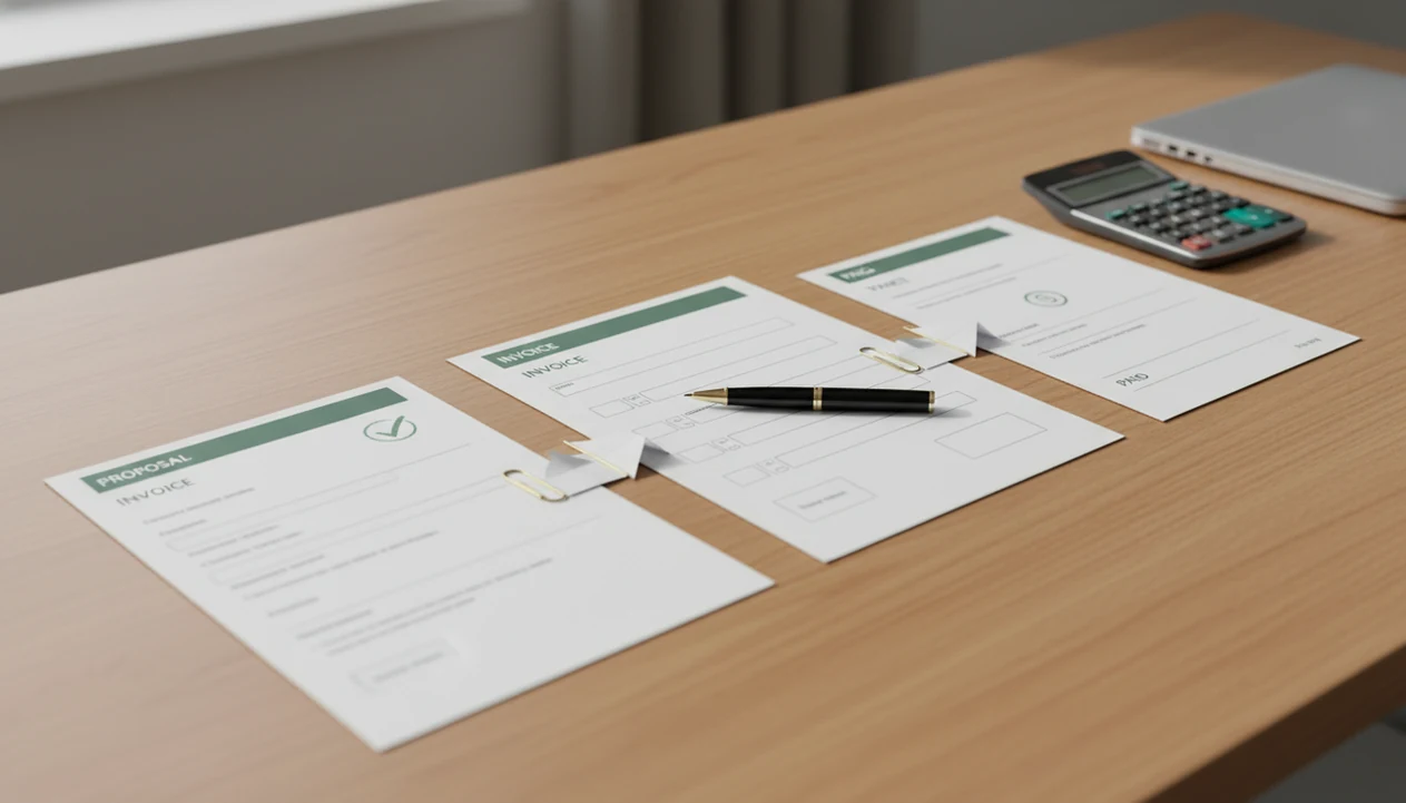 Blank estimate, invoice, and payment papers arranged in a clear billing workflow on a desk.